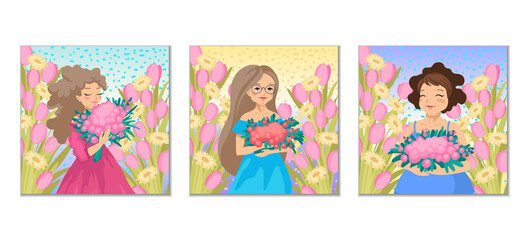Obraz na płótnie Canvas Set of postcards. Women with flowers. Spring flowers, lady with bouquet, gift congratulation on national women's day on March 8. Vector illustration