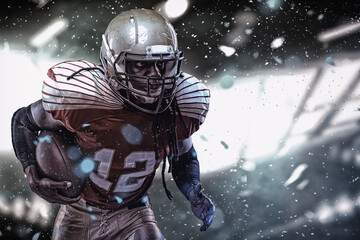 American football sportsman player on stadium running in action.