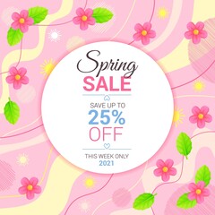 Rpund spring sale banner. Leaves and flowers on abstract pink line background. Fashion discount poster template. Can be used as retail promorion, special price advetising, fyyer layout.