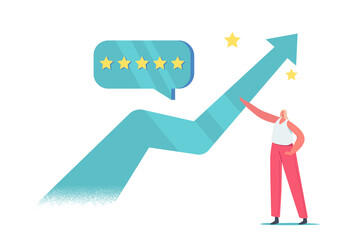 Tiny Female Character Stand at Huge Growing Arrow with Five Stars Quality Level Customer Feedback Bubble, Consumerism