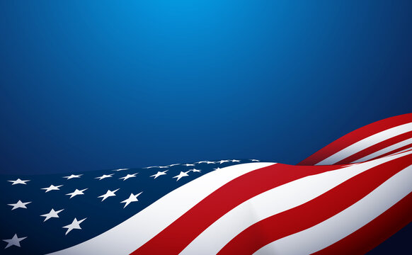 American flag waving on blue background. Vector illustration