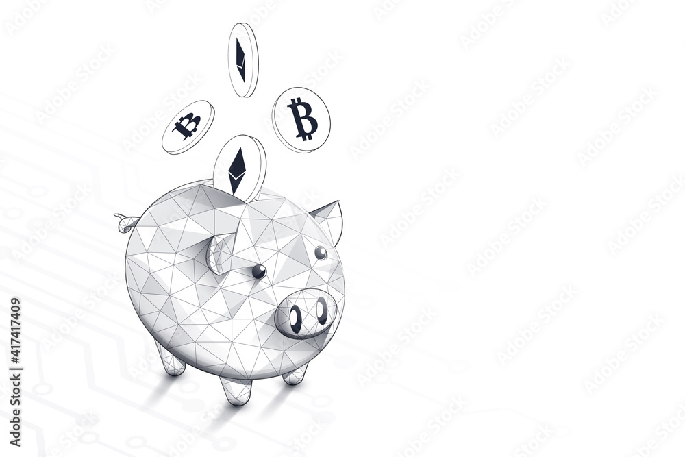Poster Piggy bank and Cryptocurrency coins on Circuit board technology concept. Lines, triangles, and particle style design. Vector illustration
