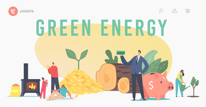 Green Energy Landing Page Template. People Use Bio Coal. Family Characters Heating Home with Biological Coal