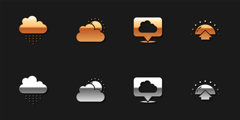 Set Cloud with rain, Sun and cloud weather, Location and Sunrise icon. Vector.