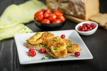 sandwich with fried camembert cheese and bacon