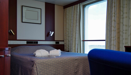 Luxurious ocean view or oceanview or outside or exterior cabin on luxury cruiseship yacht or cruise...