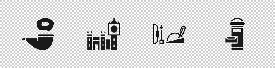 Fototapeta premium Set Smoking pipe, Big Ben tower, Robin hood hat and London mail box icon. Vector.