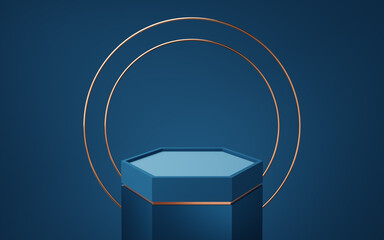 Empty blue hexagon podium with gold border and 2 copper circle floating on blue background. Abstract minimal studio 3d geometric shape object. Mockup space for display of product design. 3d rendering.