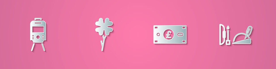 Set paper cut Tram and railway, Four leaf clover, Pound sterling money and Robin hood hat icon. Paper art style. Vector.