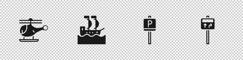 Set Helicopter, Sailboat, Parking and Road traffic signpost icon. Vector.
