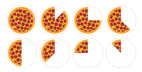 Slice of pizza diagram infographics set. Pieces margherita. The whole round and its parts. Isometric view vector illustration. Fast food.