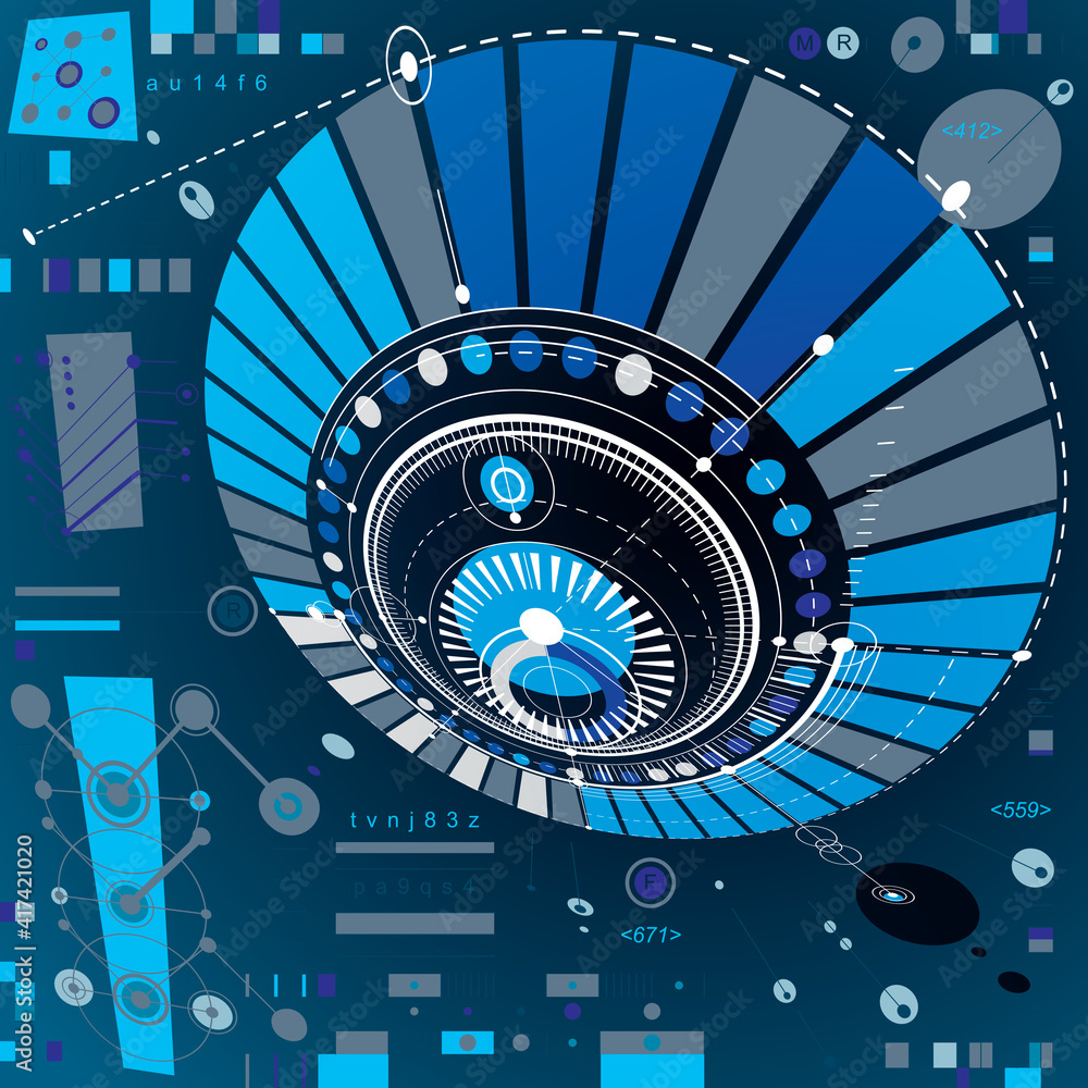 Poster dimensional abstract circular mechanical scheme, 3d technological pattern. vector industrial and eng