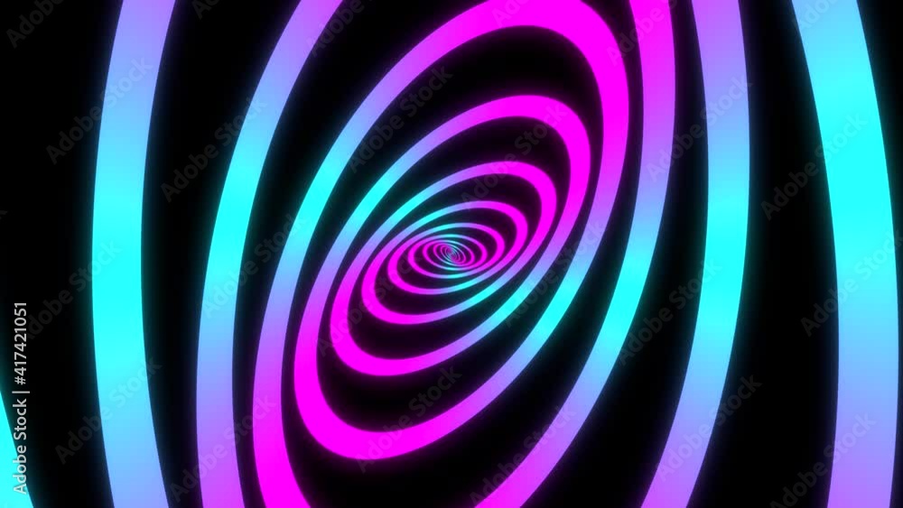 Poster minimal thin fluorescent spiral in infinite rotation. funky holographic backdrop in retrowave style.