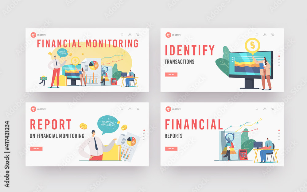 Poster financial monitoring landing page template set. business characters analysing data report on huge da
