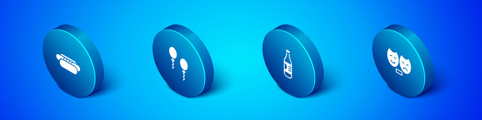 Set Isometric Hotdog, Bottle of water, Comedy and tragedy masks and Balloons icon. Vector.