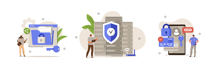 Characters using Cyber Security Services to Protect Personal Data. Online Payment Security, Cloud Shared Documents, Server Security and Data Protection Concept. Flat Cartoon Vector Illustration.