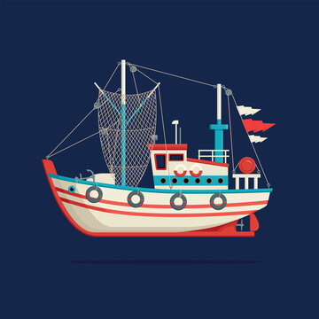Color image of a fishing boat or trawler on a dark blue background. Decorative vector illustration of a fisherman ship side view. Sea or river transport for catching fish in a cartoon style