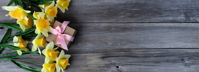 Top view of a gift box with yellow daffodil on weathered wooden planks for Mothers day love holiday