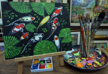 Art painting oil color Fancy Carp fish Lucky  and  koi