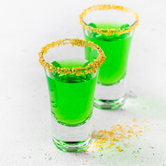 St. Patrick's Day cocktail, lucky leprechaun shots. Space for text