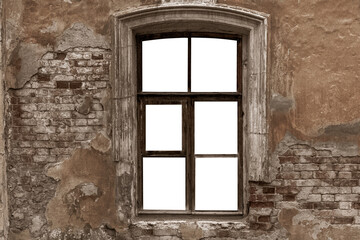 Fototapeta premium Texture&nbsp;of&nbsp;old&nbsp;vintage&nbsp;destroyed&nbsp;wall.&nbsp;Cement&nbsp;plastering&nbsp;brickwall&nbsp;on&nbsp;aged&nbsp;brick&nbsp;blocks,&nbsp;peeled decayed rust facade.&nbsp;Dirty&nbsp;shabby&nbsp;daub rot&nbsp;poor&nbsp;urban&nbsp;slum.&nbsp;Smashed&nbsp;empty&nbsp;isolated window&nbsp;for&nbsp;design