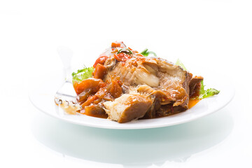 whole fish hake stewed with carrots, beets, peppers and other