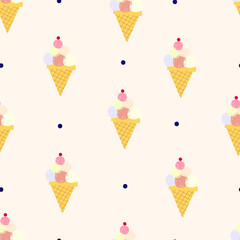 Cute simple pattern with ice-creams and polka-dots. Cute background for fabric or wallpaper design.