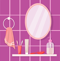 Modern bathroom. Close-up with a mirror and a towel. A shelf in the bathroom with a toothbrush, toothpaste, comb, soap and towel. Flat vector illustration, cartoon style.