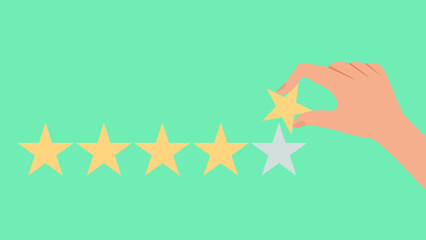 Fototapeta premium Hand putting five gold stars on blue background. Five stars quality rating icon. Feedbak stars.