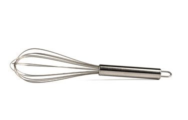 Stainless steel whisk isolated on white background.