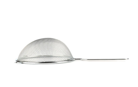 Metal sieve with plastic handle isolated on a white background.
