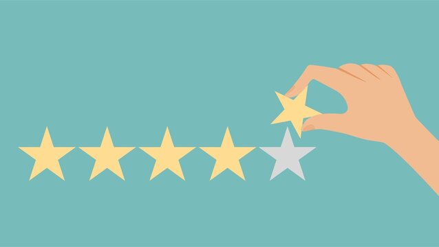 Hand putting five gold stars on blue background. Five stars quality rating icon. Feedbak stars.