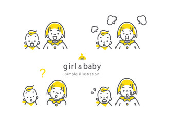赤ちゃんと女の子のシンプルでかわいい線画イラスト　二色　表情セット