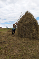 Naklejka na ściany i meble A young woman throws hay on a wooden support with a hand tool for further drying on the field, the season of haymaking.