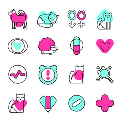 Veterinary vector icons set. Animal medical service signs collection. Flat style illustrations.