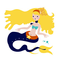 Sea mermaid. Vector illustration. In a cartoon style. Perfect for baby, fabric design, wallpaper, T-shirts, bags, party invitation, birthday greeting card.