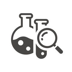 Chemistry test tubes with magnifying glass icon. Laboratory flask, tube and loupe, research, science vector symbol.