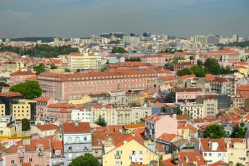 Historic Baixa district skyline, from Miradouro da Graca in city of Lisbon, Portugal.
