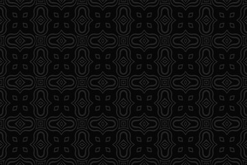 Geometric black volumetric background from a relief abstract ethnic pattern. 3D convex shape effect for web design, banner, presentations.