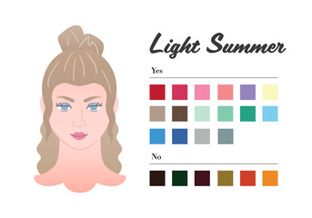 Women Color types analysis - Light Summer type. Characteristics of colortype and best palette for make up. Perfect tones of lipstick, eyeshadow and highlighter - Fashion guide infographic