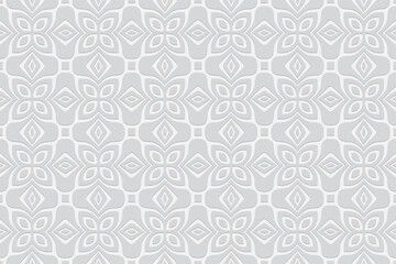 Geometric white volumetric background from a relief ethnic pattern in the style of Africa, India. 3D convex shape effect for wallpaper, web design, presentations.