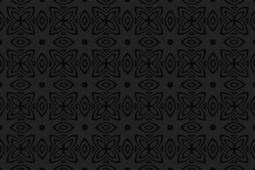 Geometric black volumetric background from a relief ethnic pattern with stylized flowers. 3D effect of a convex shape for wallpaper, presentations.