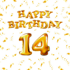 14 Happy Birthday message made of golden inflatable balloon fourteen letters isolated on white background fly on gold ribbons with confetti. Happy birthday party balloons concept vector illustration