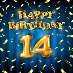 14 Happy Birthday message made of golden inflatable balloon fourteen letters isolated on blue background fly on gold ribbons with confetti. Happy birthday party balloons concept vector illustration