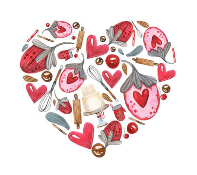 Bakery pastry heart shaped frame border for printing, stickers, logos. Cute watercolor hand painted illustration for a confectioner. Cooking kitchen inventory. white background
