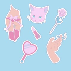 A set of cute illustrations. The aesthetics of anime. Vector set: lipstick, cat, girl, hand with cigarette, mirror, rose.