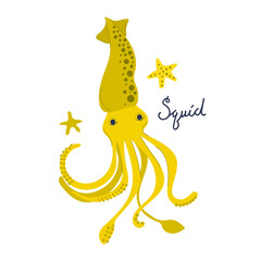 Hand drawn Squid, flat illustration. Nursery design.