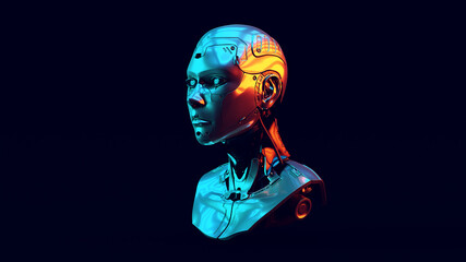 Cyborg with Blue Orange Moody 80s lighting 3d illustration render	