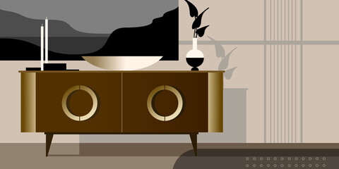 Abstract modern interior with chest of drawers. Vector mockup for landing page design, advertising banner or booklet. Contemporary architecture illustration.