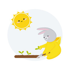 The bunny plants plants under the spring sun. Cartoon rabbit. Children's illustration. Spring vector illustration for children's literature.